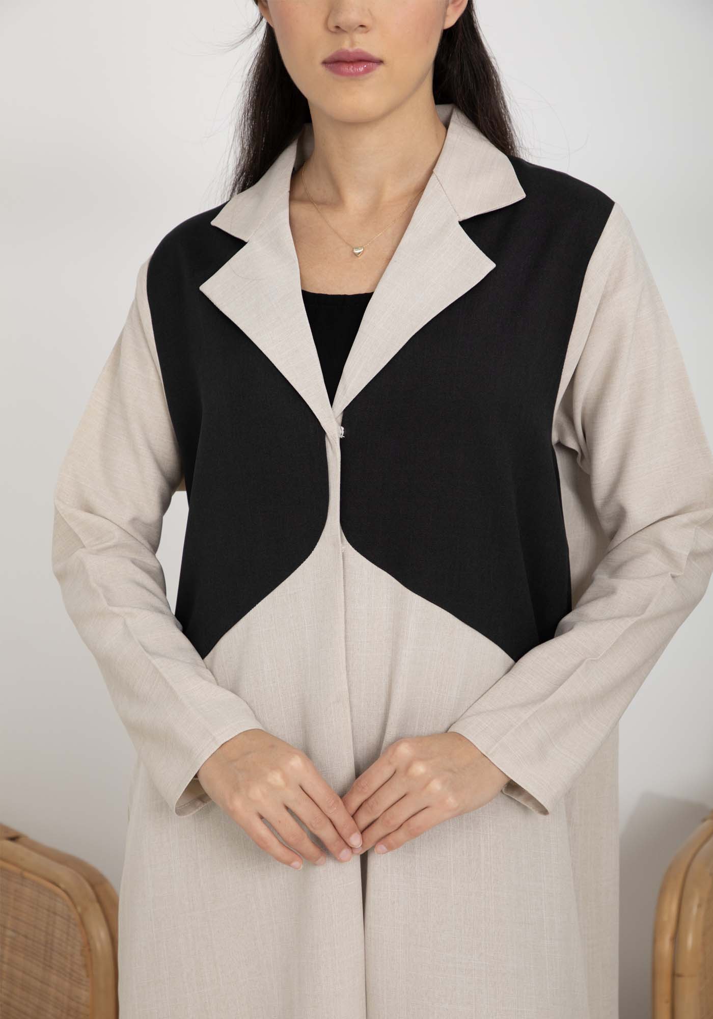 Beige and Black Color Block Lapel Abaya in Mélange Fabric