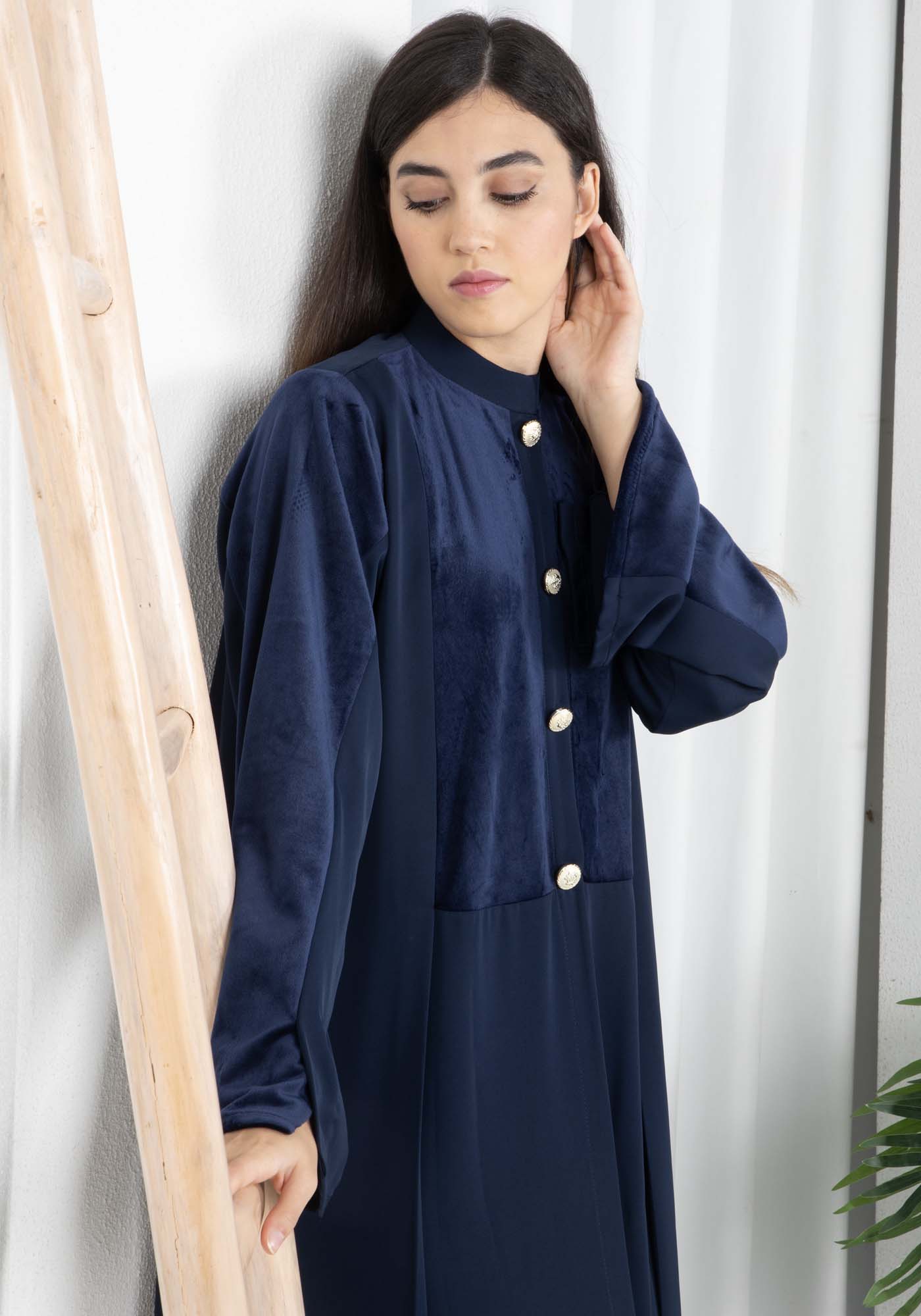 Navy Round Neck Nida and Velvet Abaya with Front Button Detailing