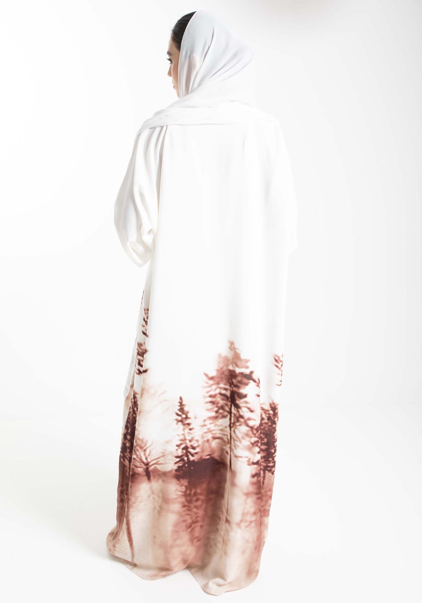 Self-Printed Abaya in White and Brown with Tree Shades