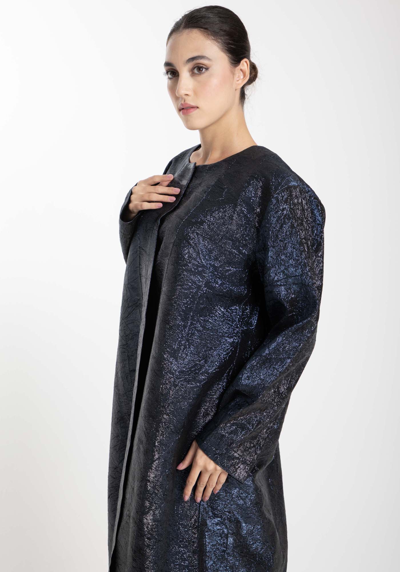 Front Open Black And Blue Shade Jacquard Abaya