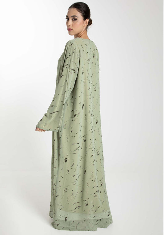 Minimalist Printed Chiffon Green Abaya with Matching Headscarf