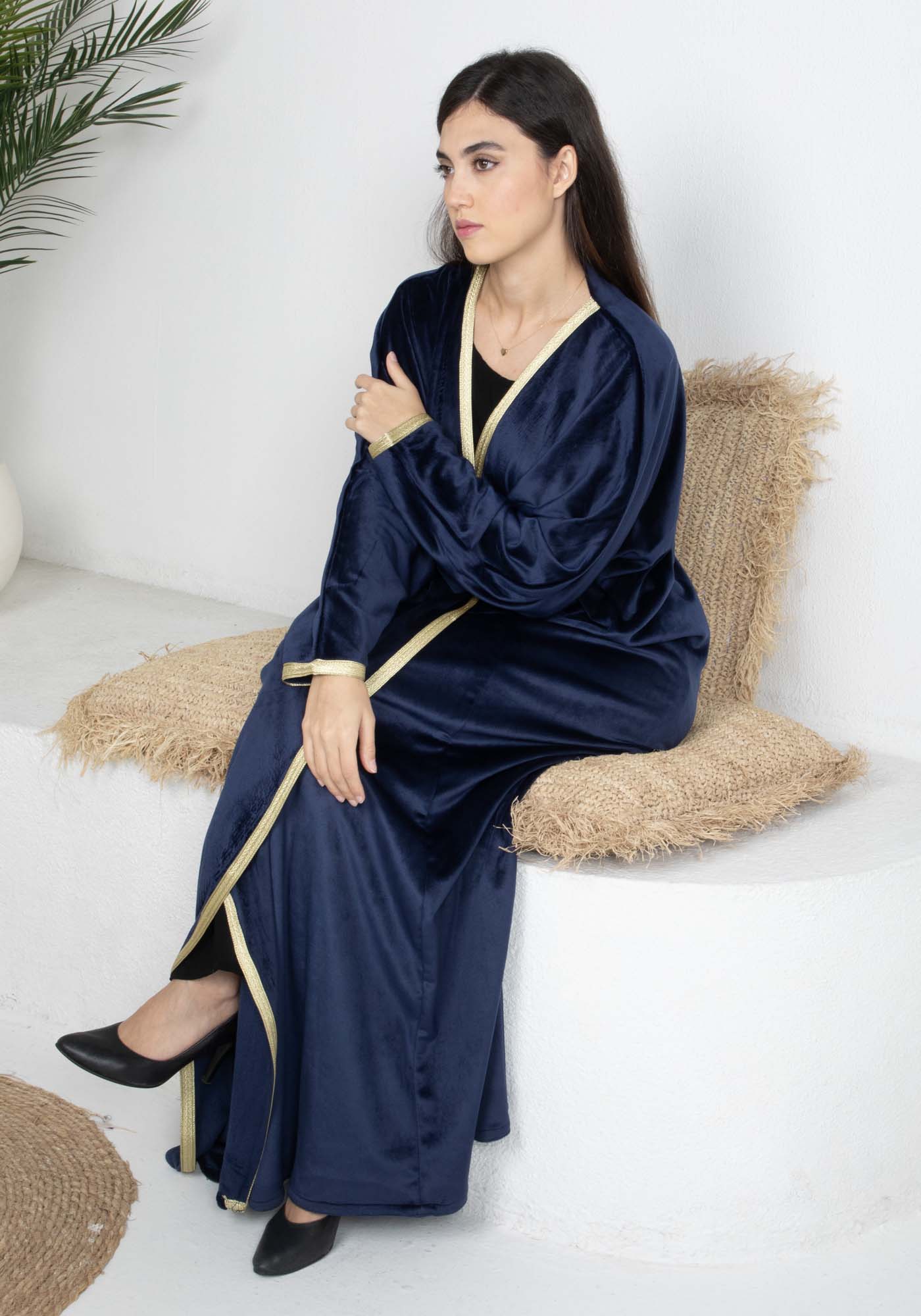 Navy Velvet Abaya with Golden Lace Borders & Matching Headscarf – Perfect for Winter