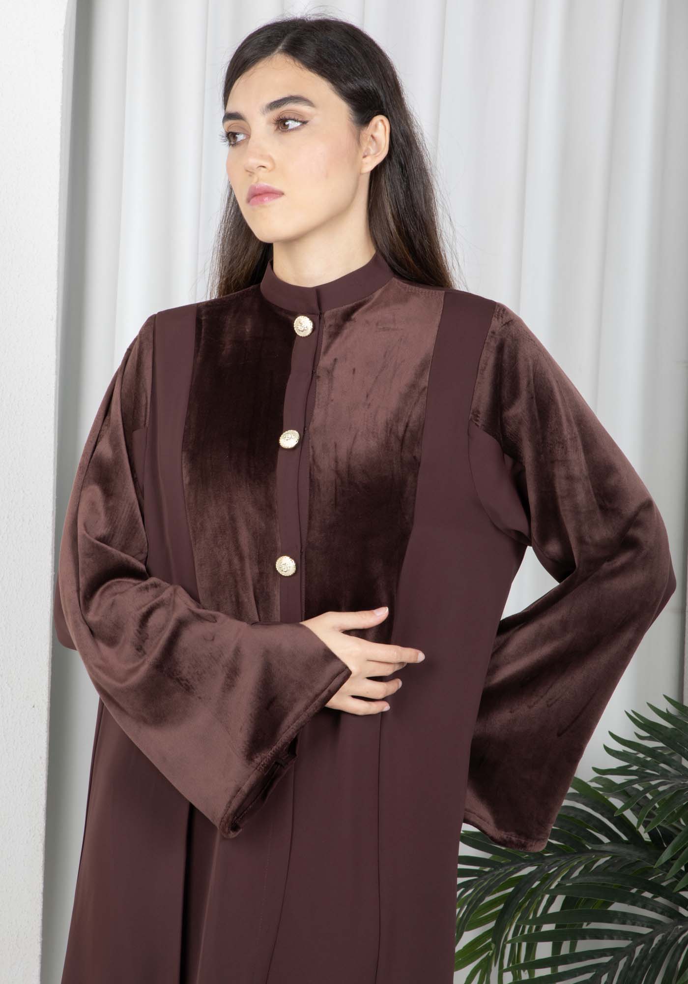 Brown Round Neck Nida and Velvet Abaya with Front Button Detailing