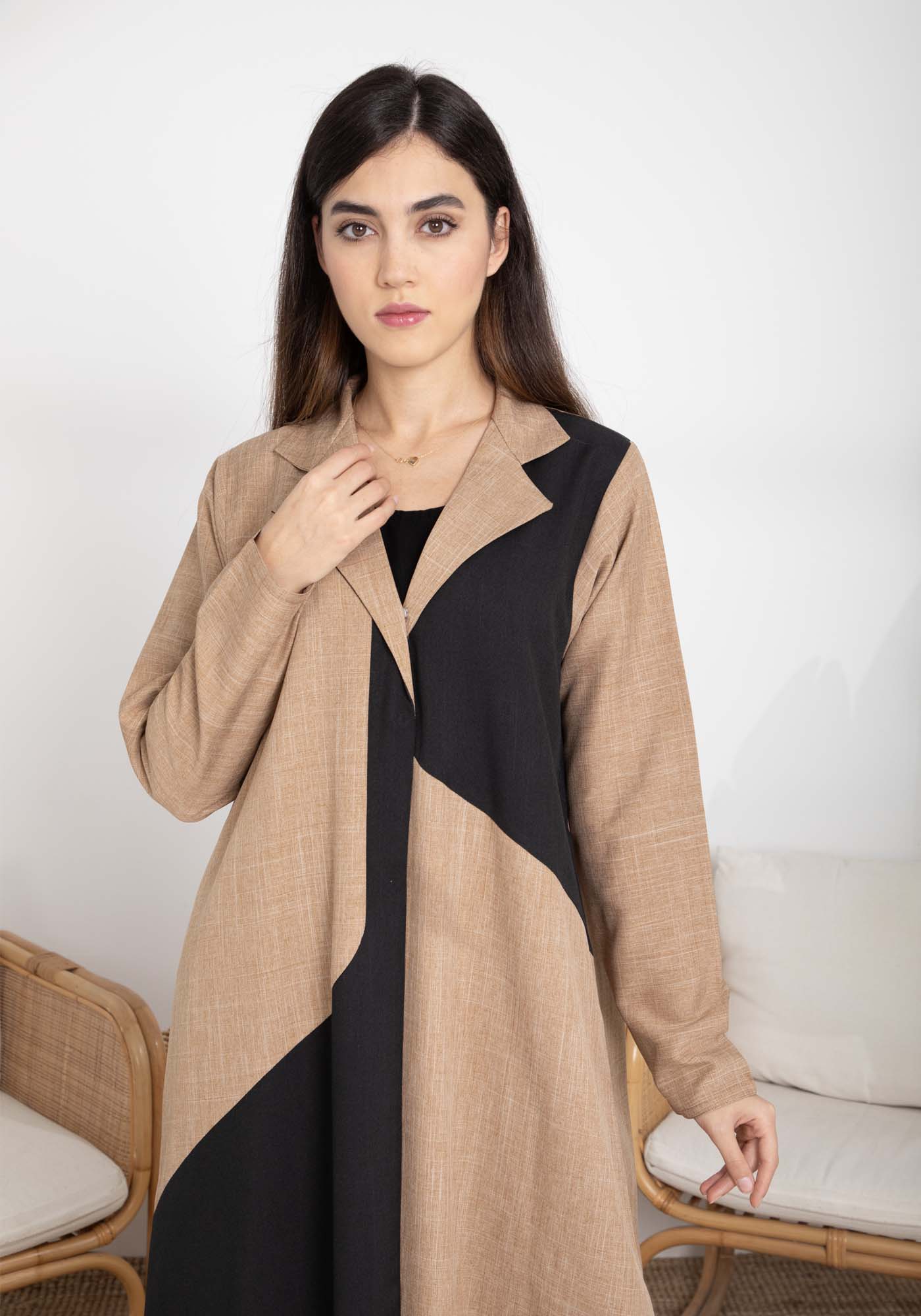 Brown and Black Color Block Lapel Abaya in Mélange Fabric