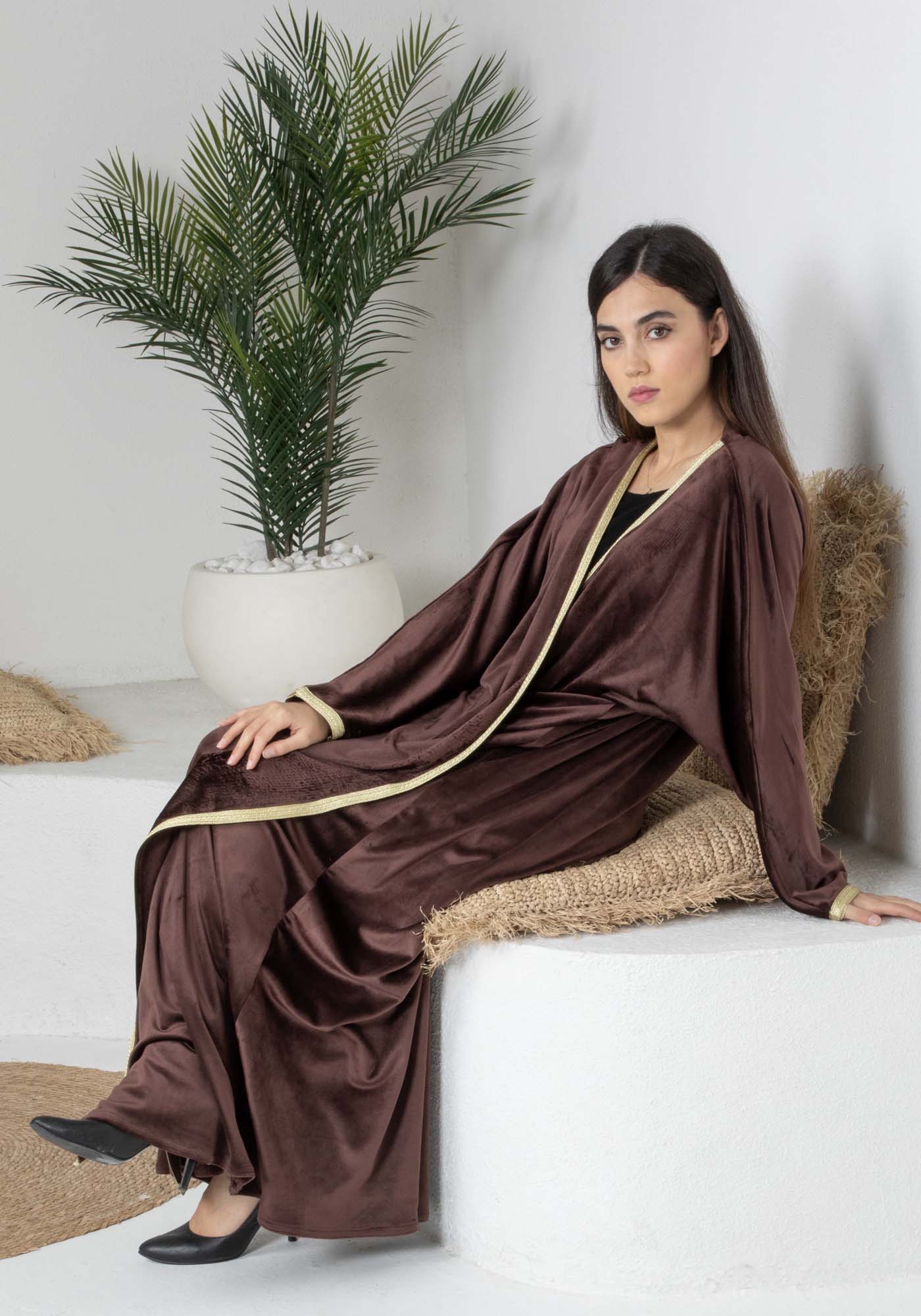 Brown Velvet Abaya with Golden Lace Borders & Matching Headscarf – Perfect for Winter