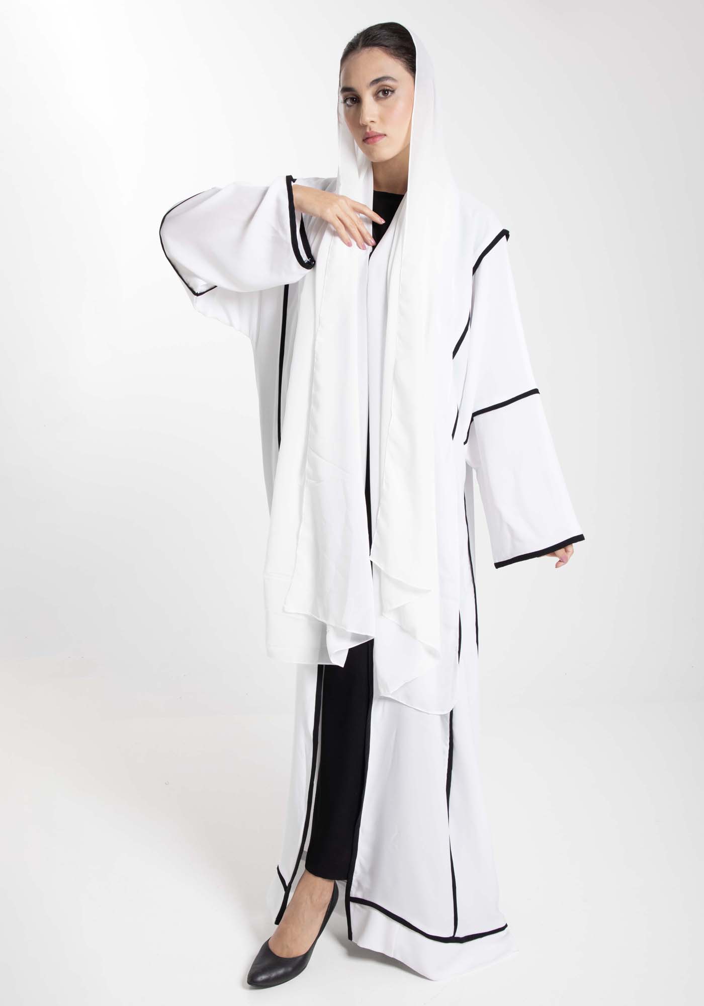 Elegant Front Open White Nida Abaya with Black Contrast Piping