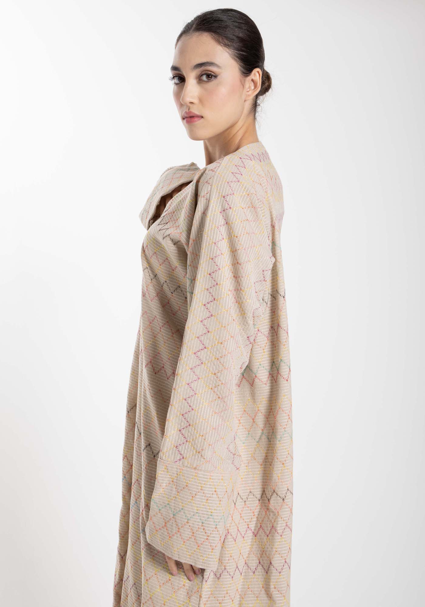 Front Open  Multicolor Thread Linen Beige Abaya