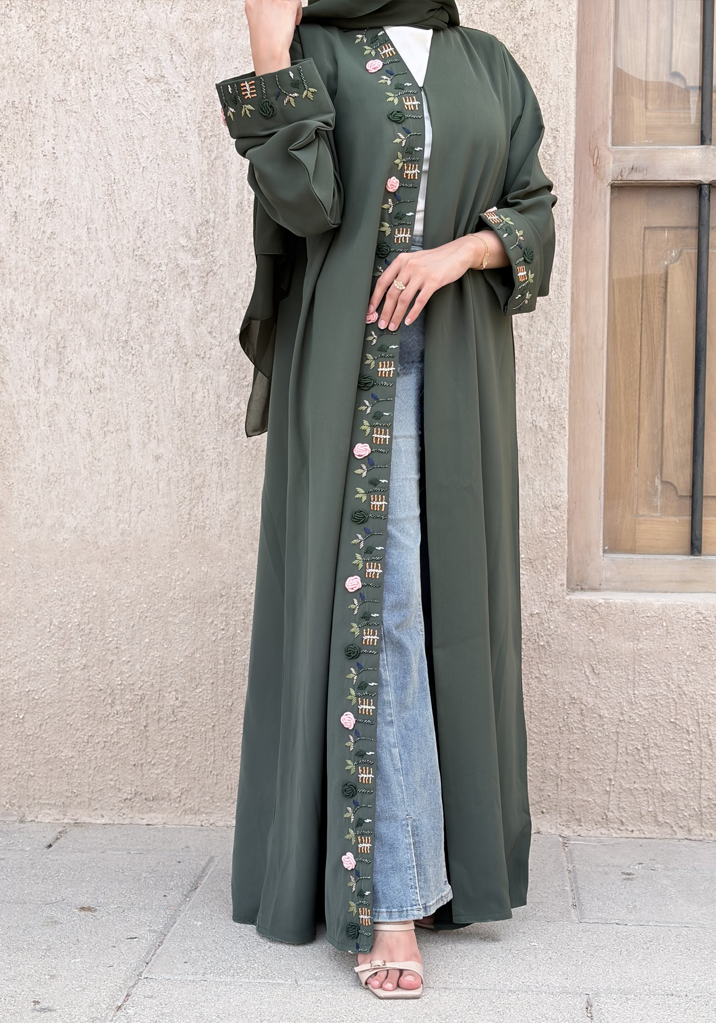 Hand-Embroidered Green Barbie Crepe Abaya with Headscarf | Made in UAE