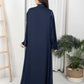 Navy Round Neck Nida and Velvet Abaya with Front Button Detailing