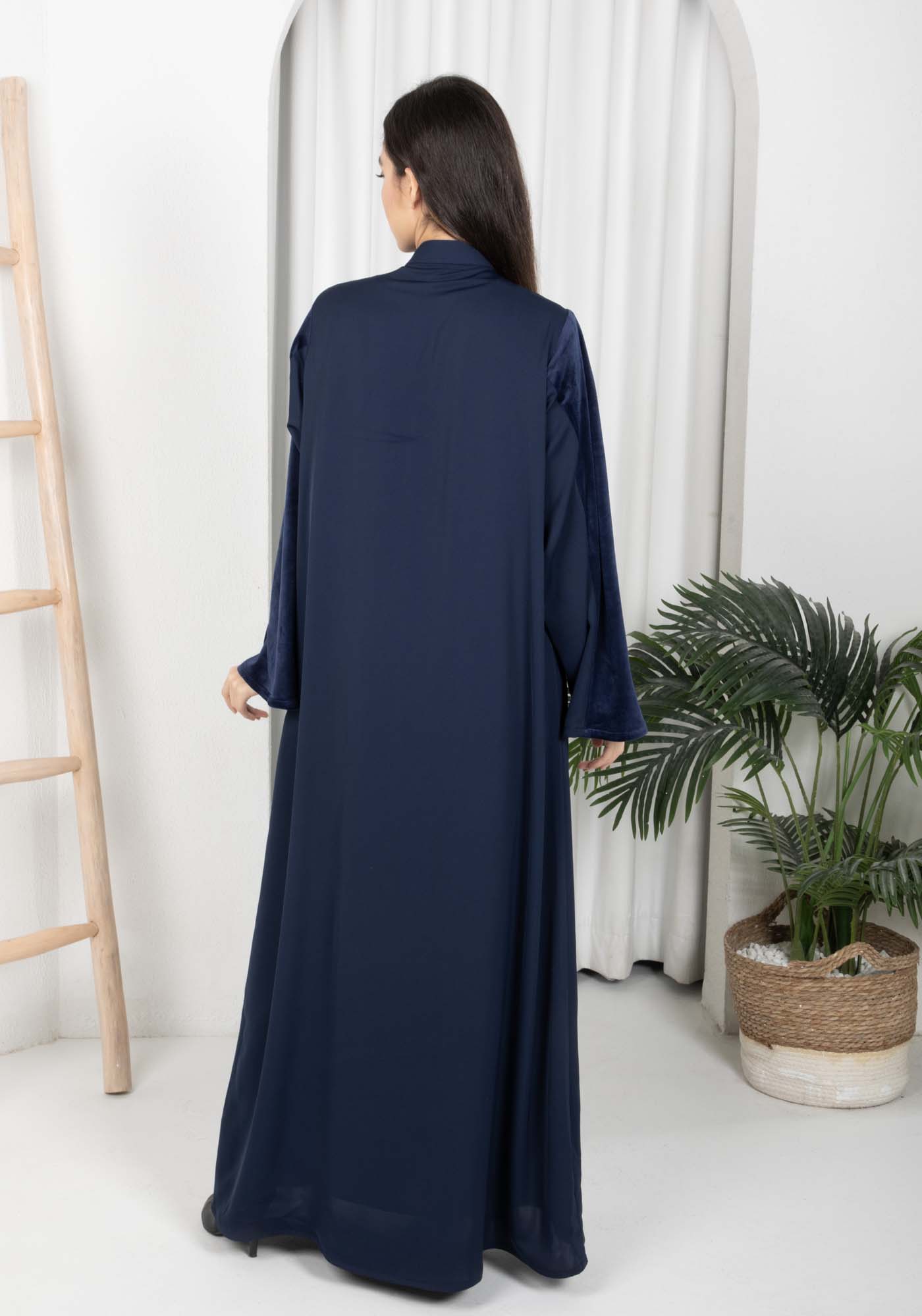 Navy Round Neck Nida and Velvet Abaya with Front Button Detailing