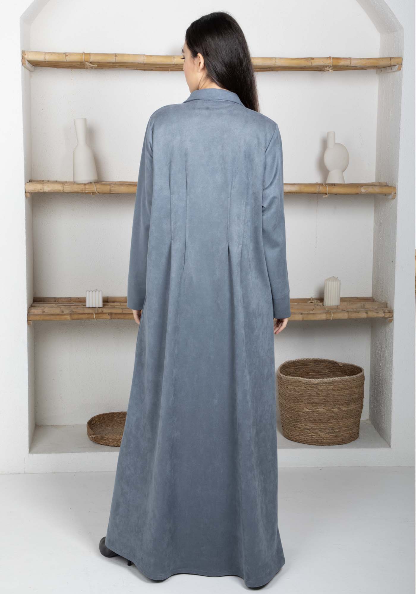 Grey Suede Lapel Collar Abaya – Soft, Elegant, and Perfect for Winter