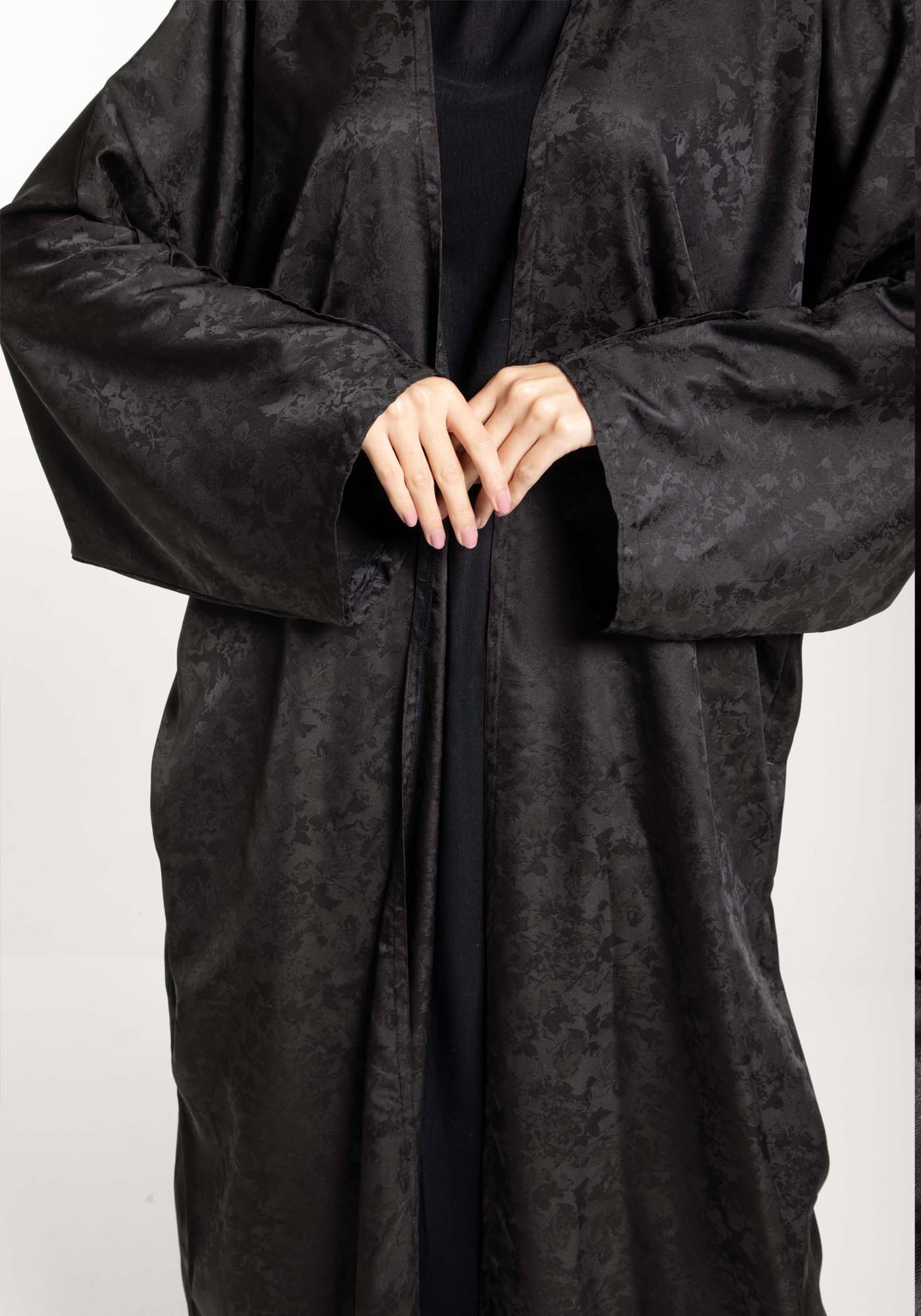 Front Open Black Fukhroo Self Design Abaya