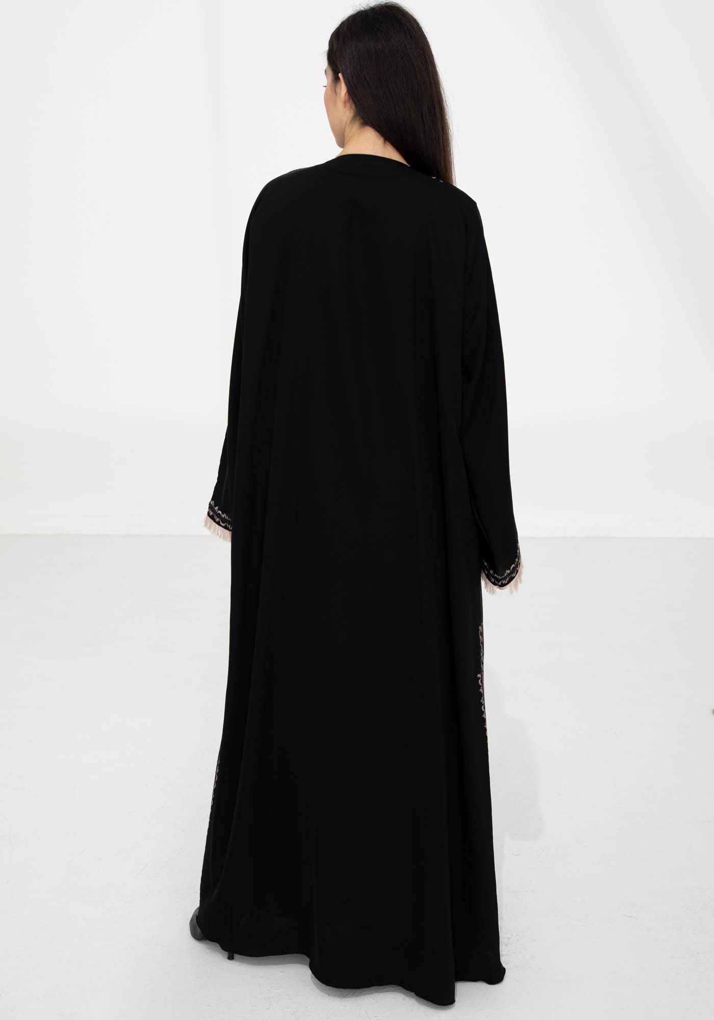 Black Nida Abaya with Contrast Threadwork & Plan Black Headscarf