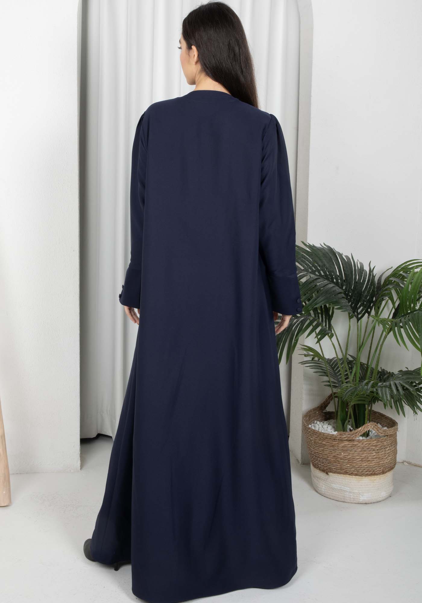 Navy Barbie Crepe Abaya with Open Cuffs and Matching Fabric Buttons