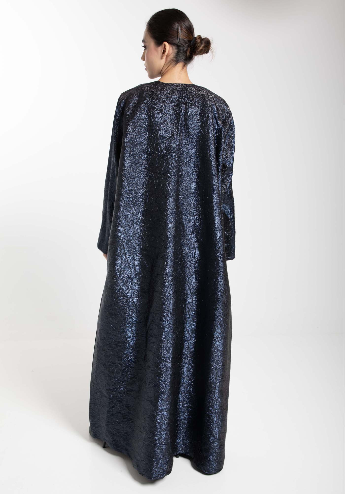 Front Open Black And Blue Shade Jacquard Abaya