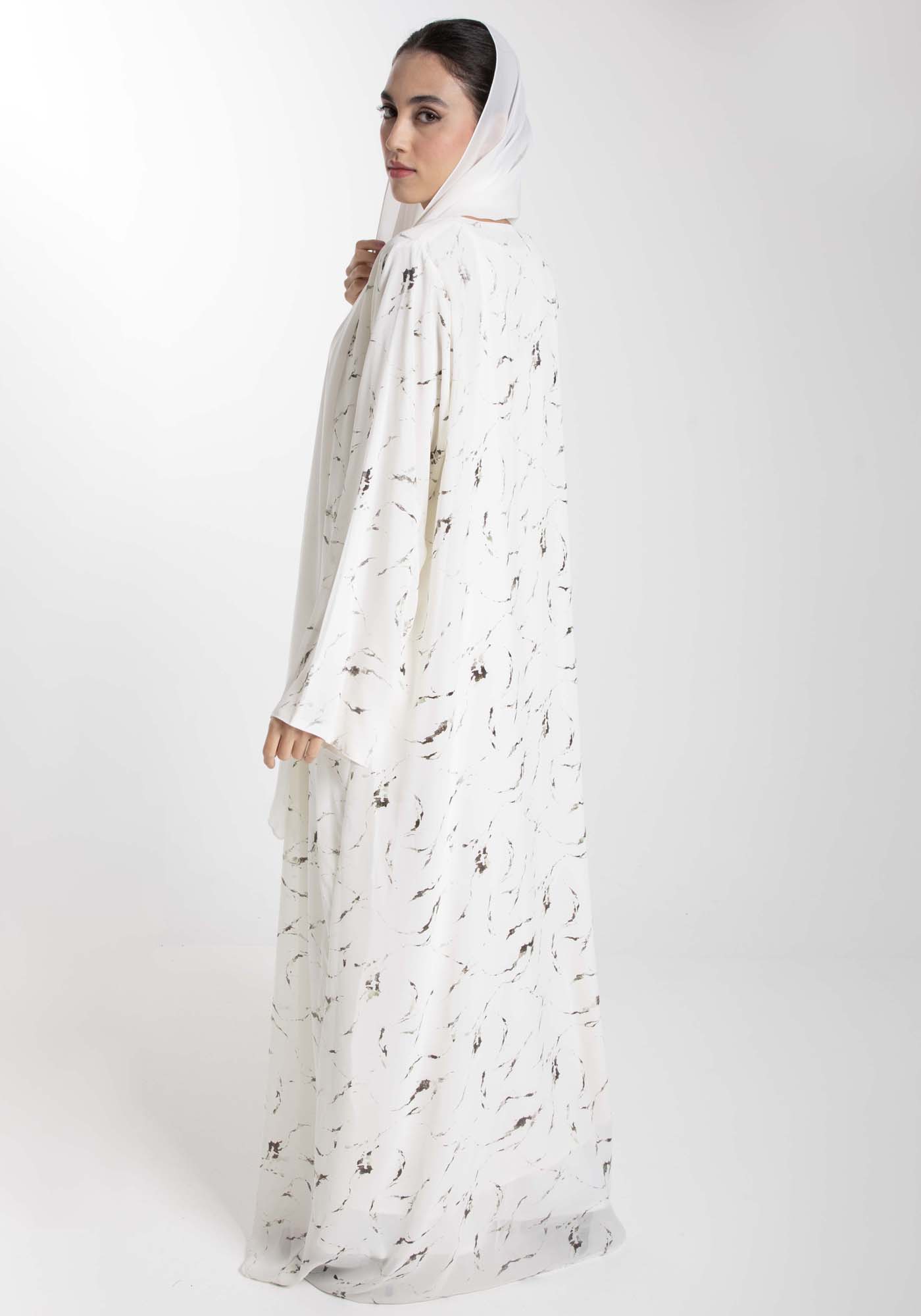 Minimalist Printed Chiffon White Abaya with Matching Headscarf