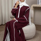 Elegant Front Open Maroon Nida Abaya with White Contrast Piping