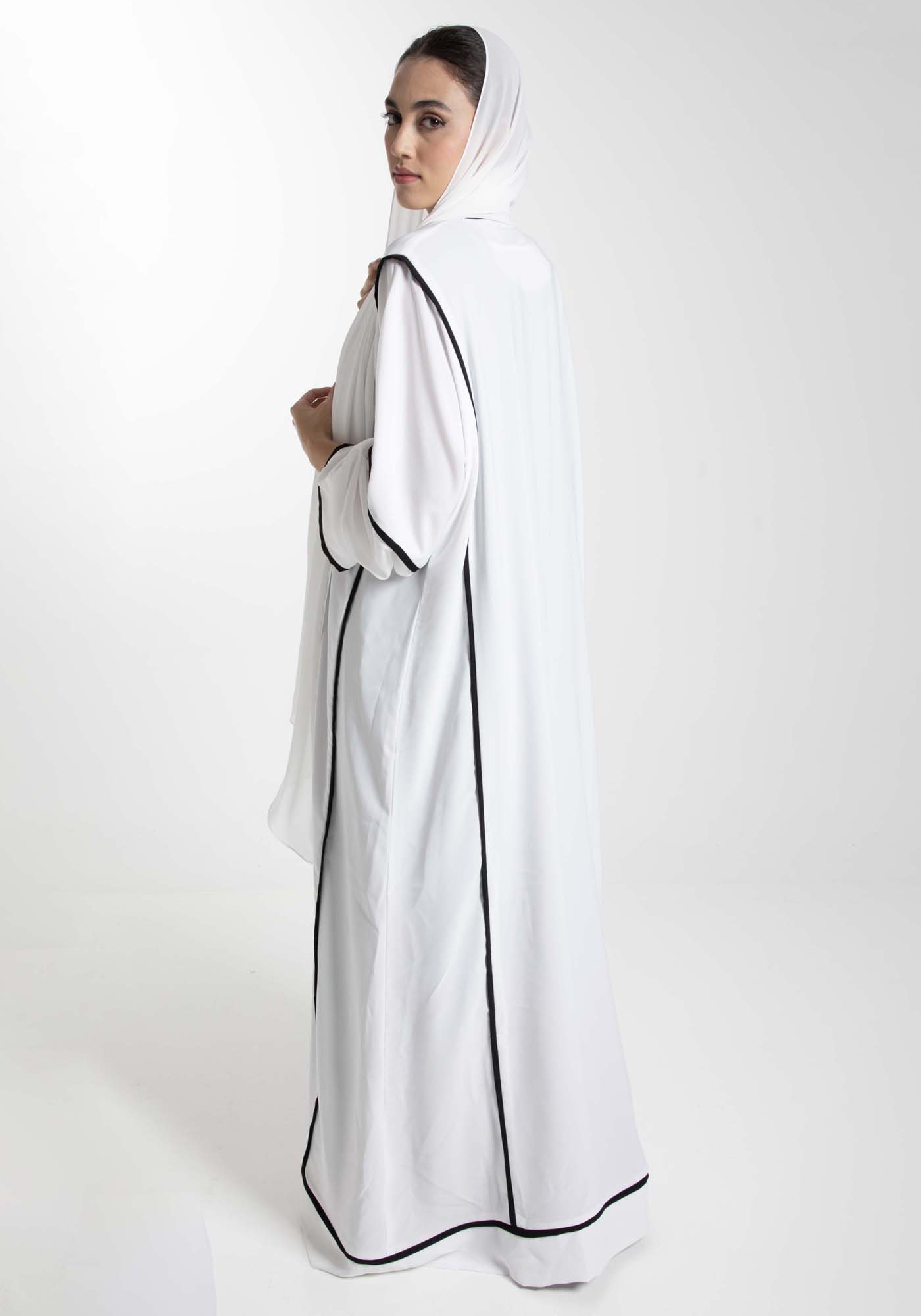 Elegant Front Open White Nida Abaya with Black Contrast Piping