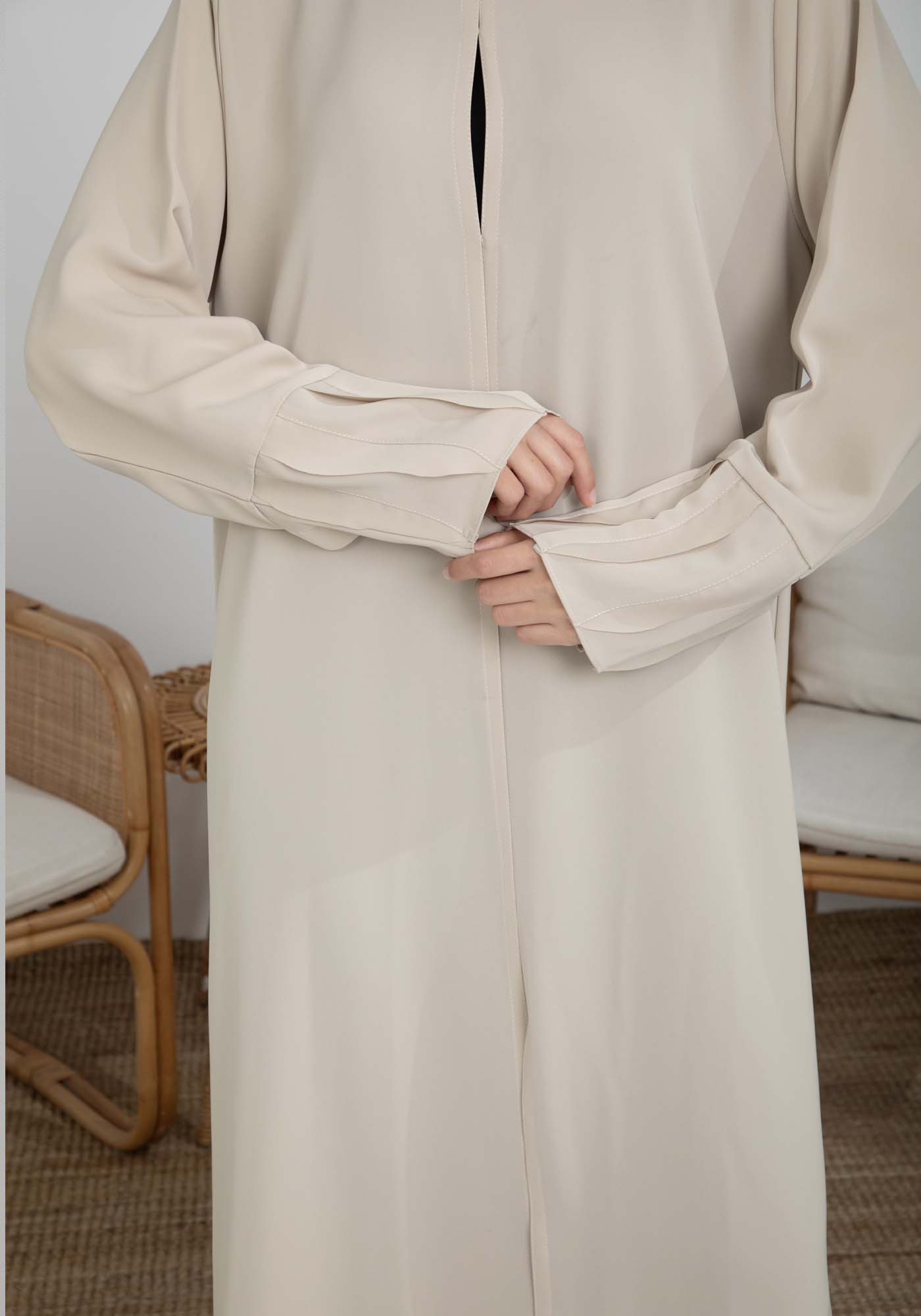 Beige Korean Nida Abaya with Frilled Cuffs