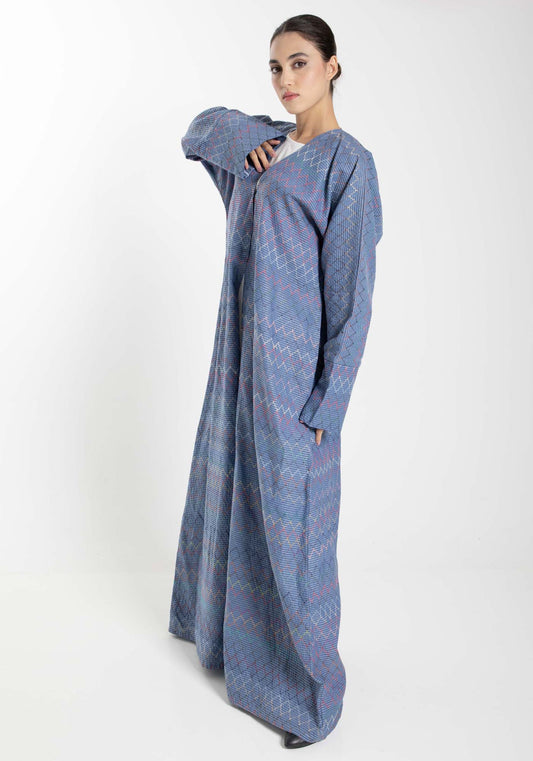 Front Open  Multicolor Thread Linen Blue Abaya