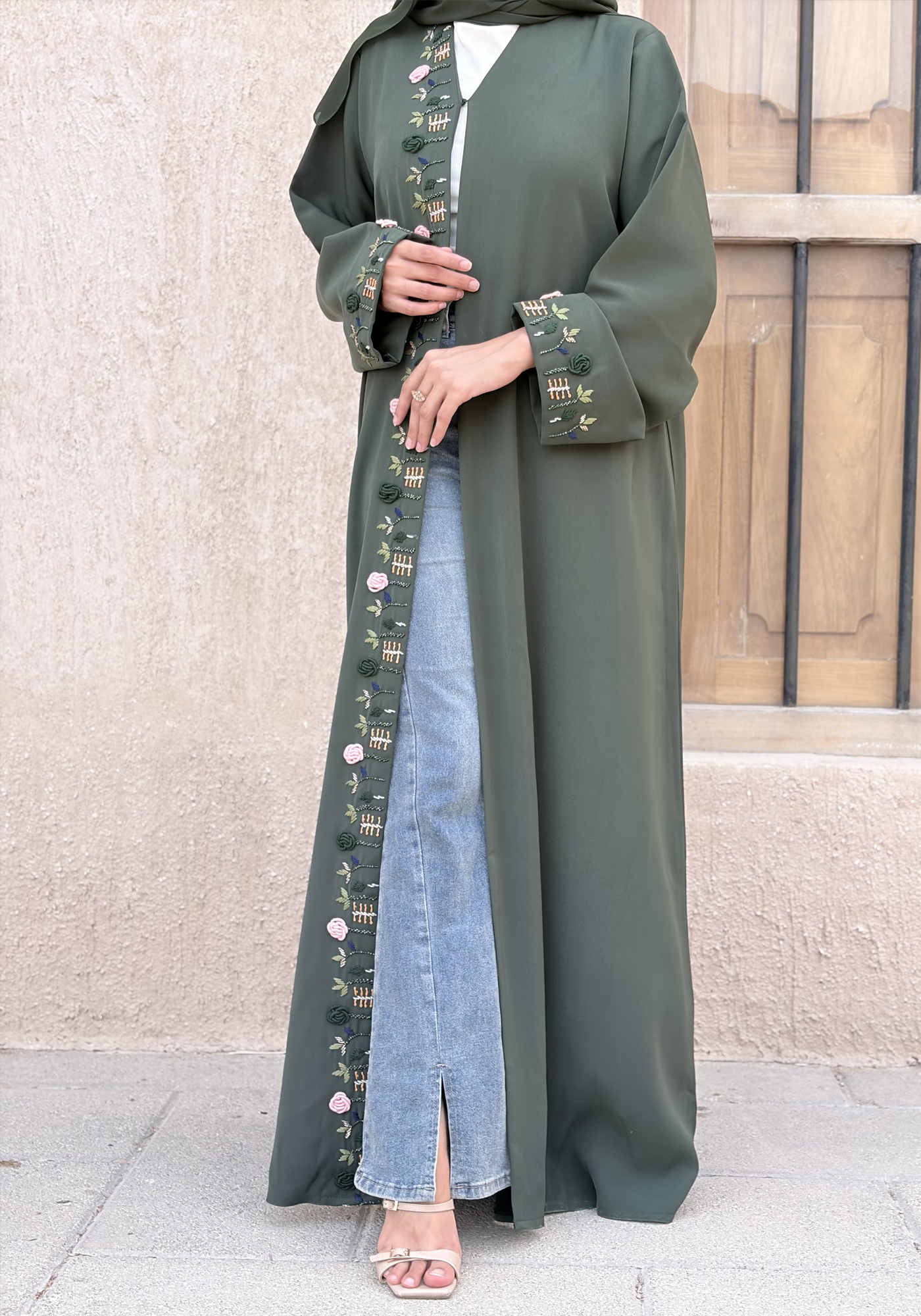 Hand-Embroidered Green Barbie Crepe Abaya with Headscarf | Made in UAE