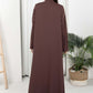 Brown Round Neck Nida and Velvet Abaya with Front Button Detailing