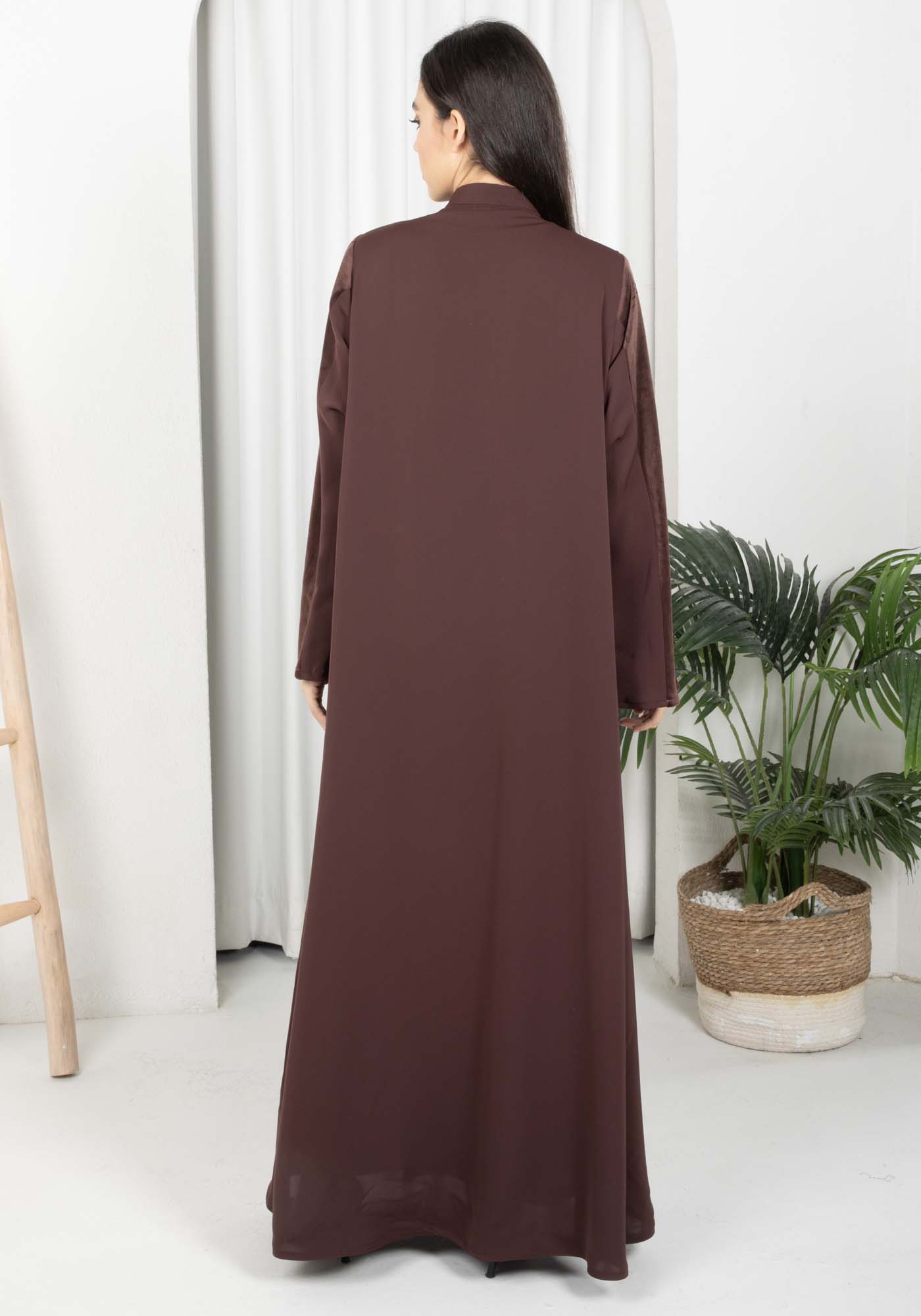 Brown Round Neck Nida and Velvet Abaya with Front Button Detailing