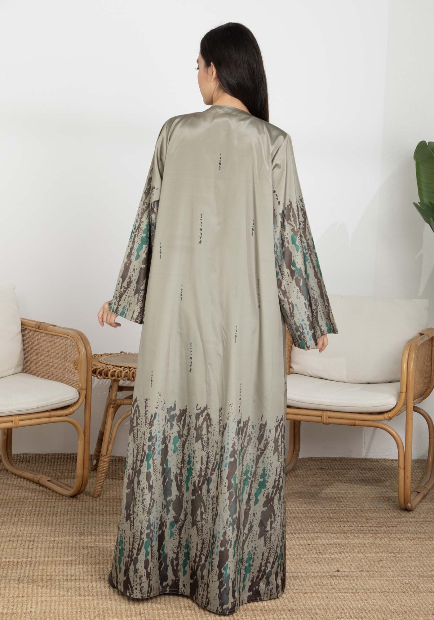 Brown Taffeta Printed Open Abaya – Effortless Elegance