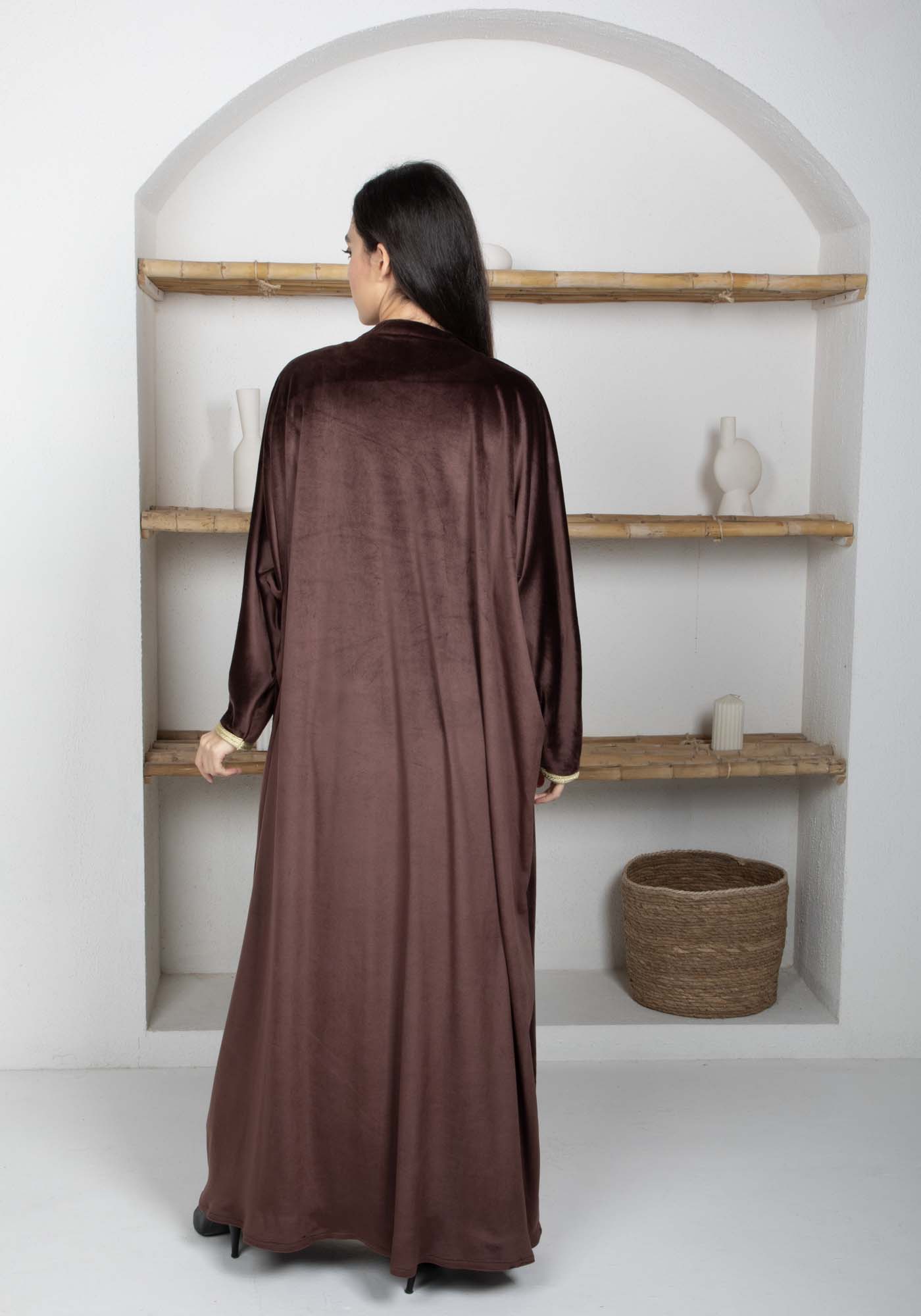 Brown Velvet Abaya with Golden Lace Borders & Matching Headscarf – Perfect for Winter