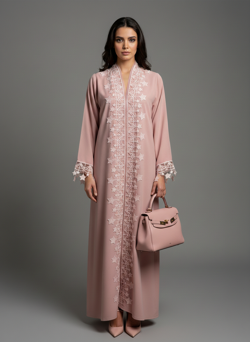 Pink Designer Star Lace with Matching Headscarf Front Open Abaya