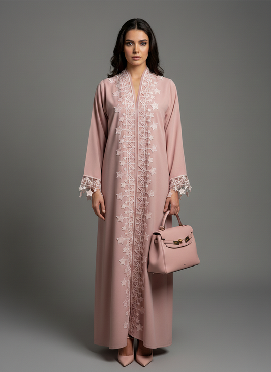 Pink Designer Star Lace with Matching Headscarf Front Open Abaya