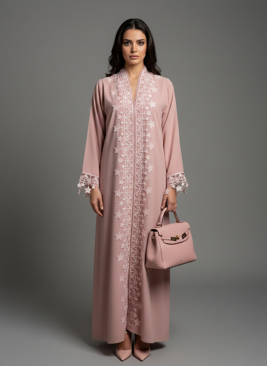 Pink Designer Star Lace with Matching Headscarf Front Open Abaya