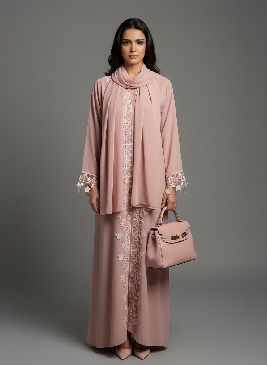 Pink Designer Star Lace with Matching Headscarf Front Open Abaya
