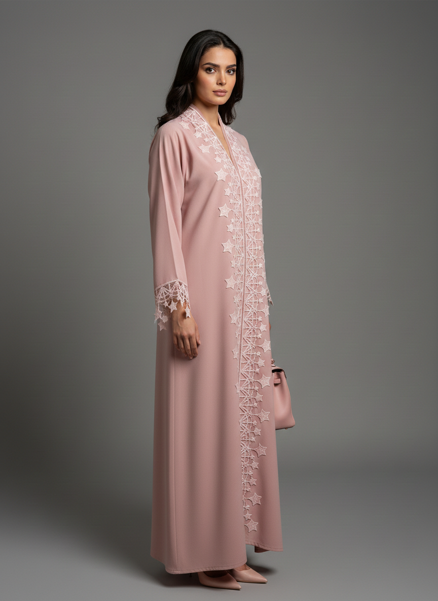Pink Designer Star Lace with Matching Headscarf Front Open Abaya