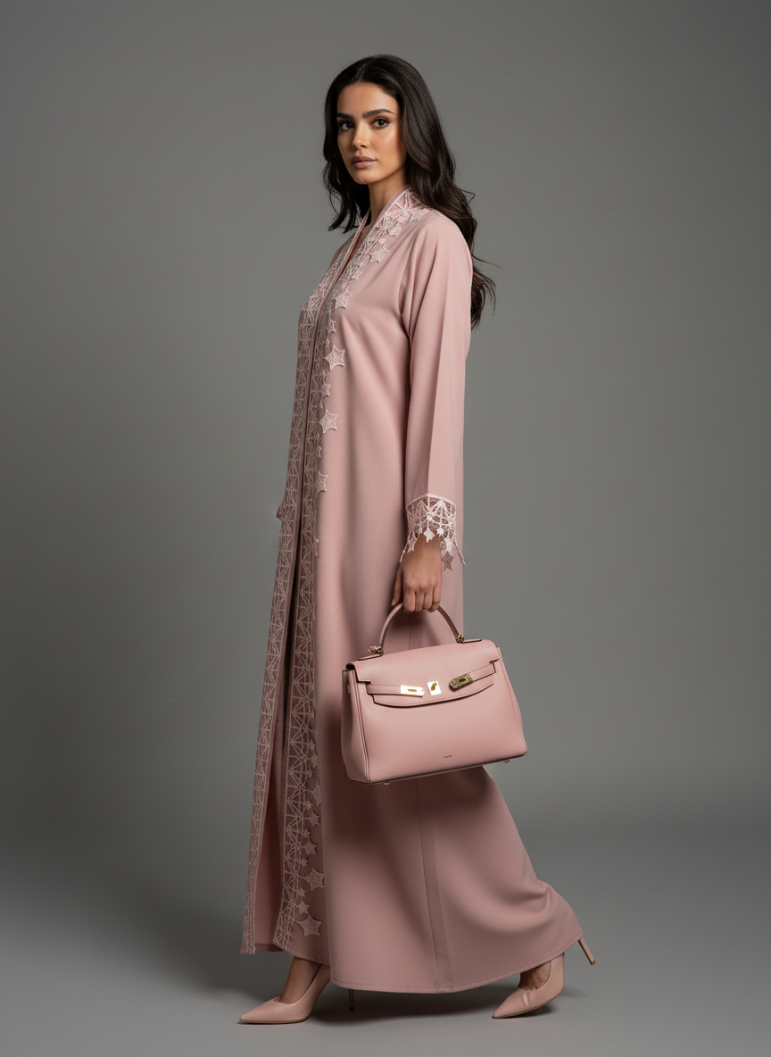 Pink Designer Star Lace with Matching Headscarf Front Open Abaya