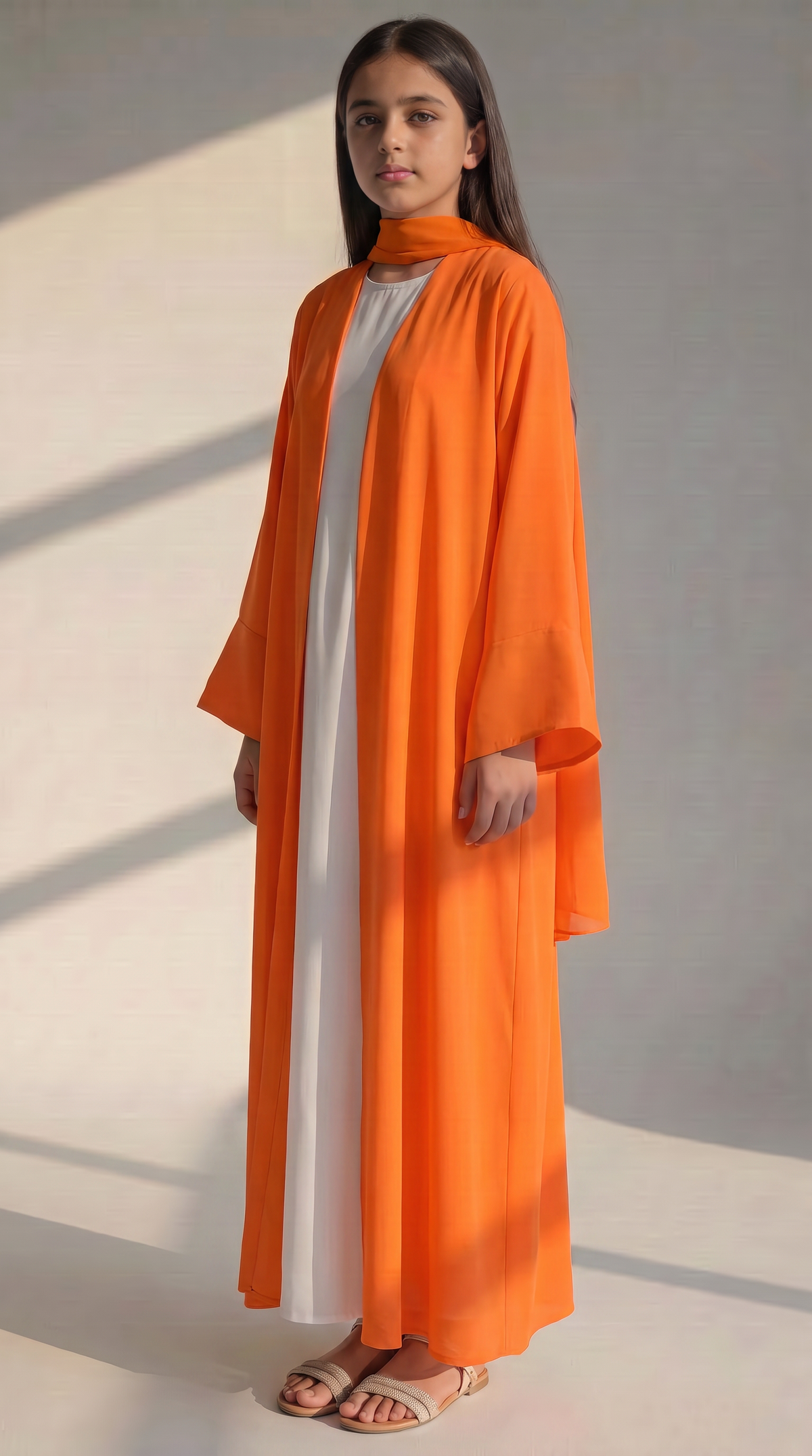 Kids Orange Korean Nida Abaya with White Inner Dress & Matching Scarf