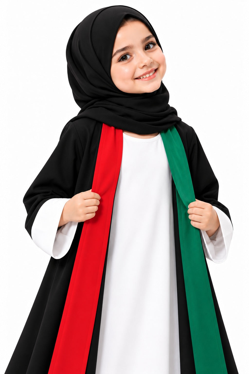 Close-up of the girls' abaya red and green bands over the white inner dress