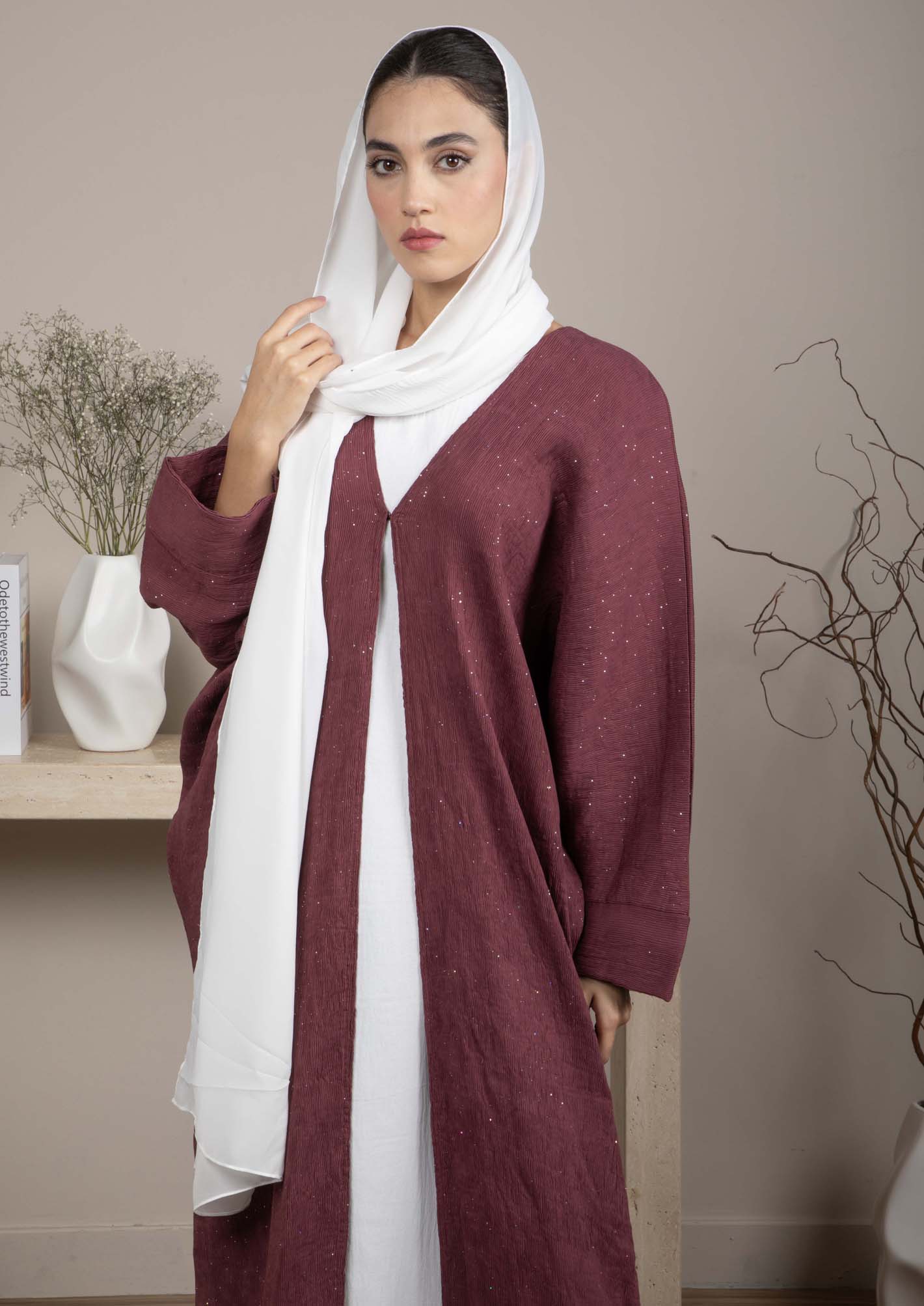 Soft Maroon Lenin Pleated Shimmer Abaya