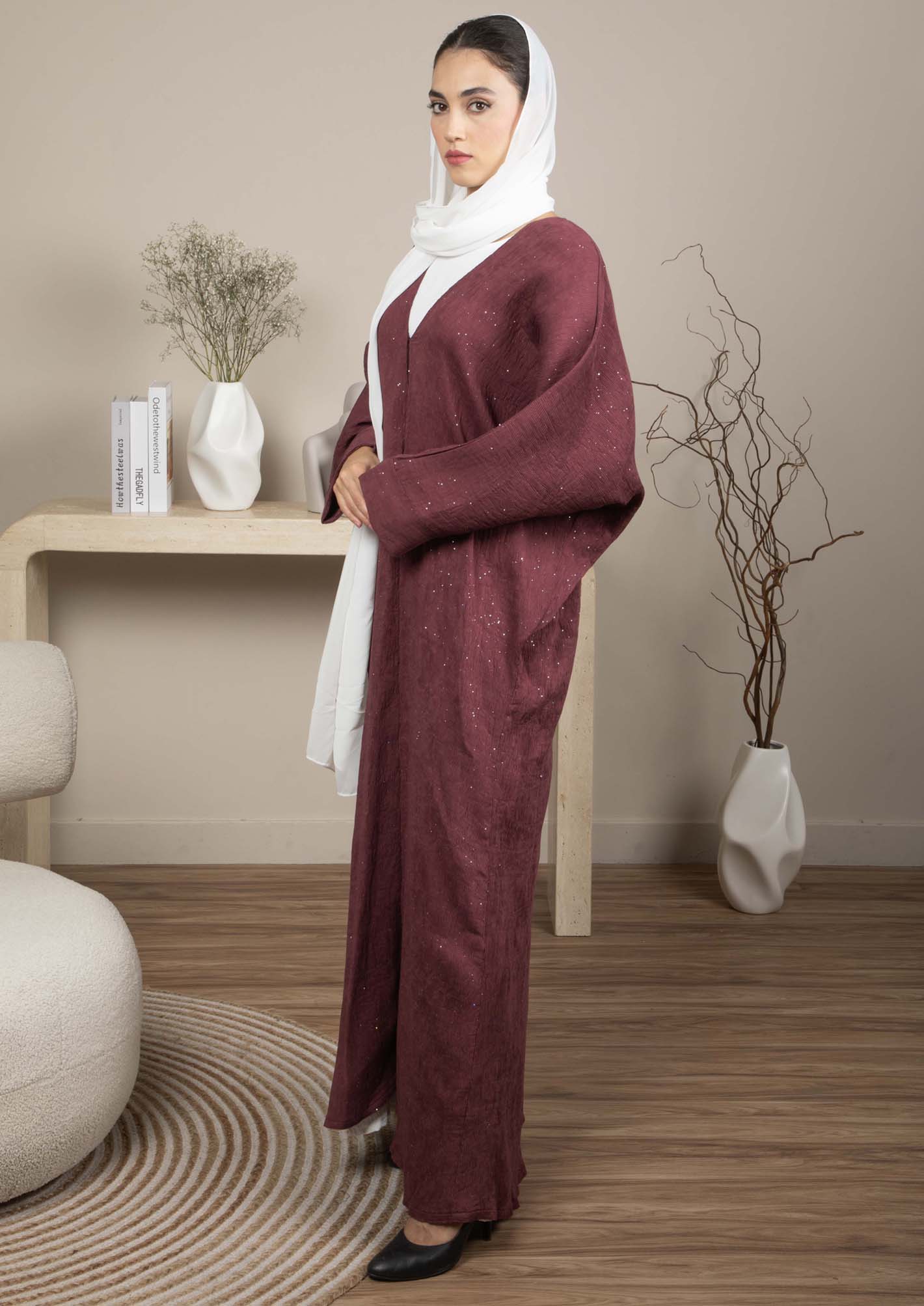 Soft Maroon Lenin Pleated Shimmer Abaya