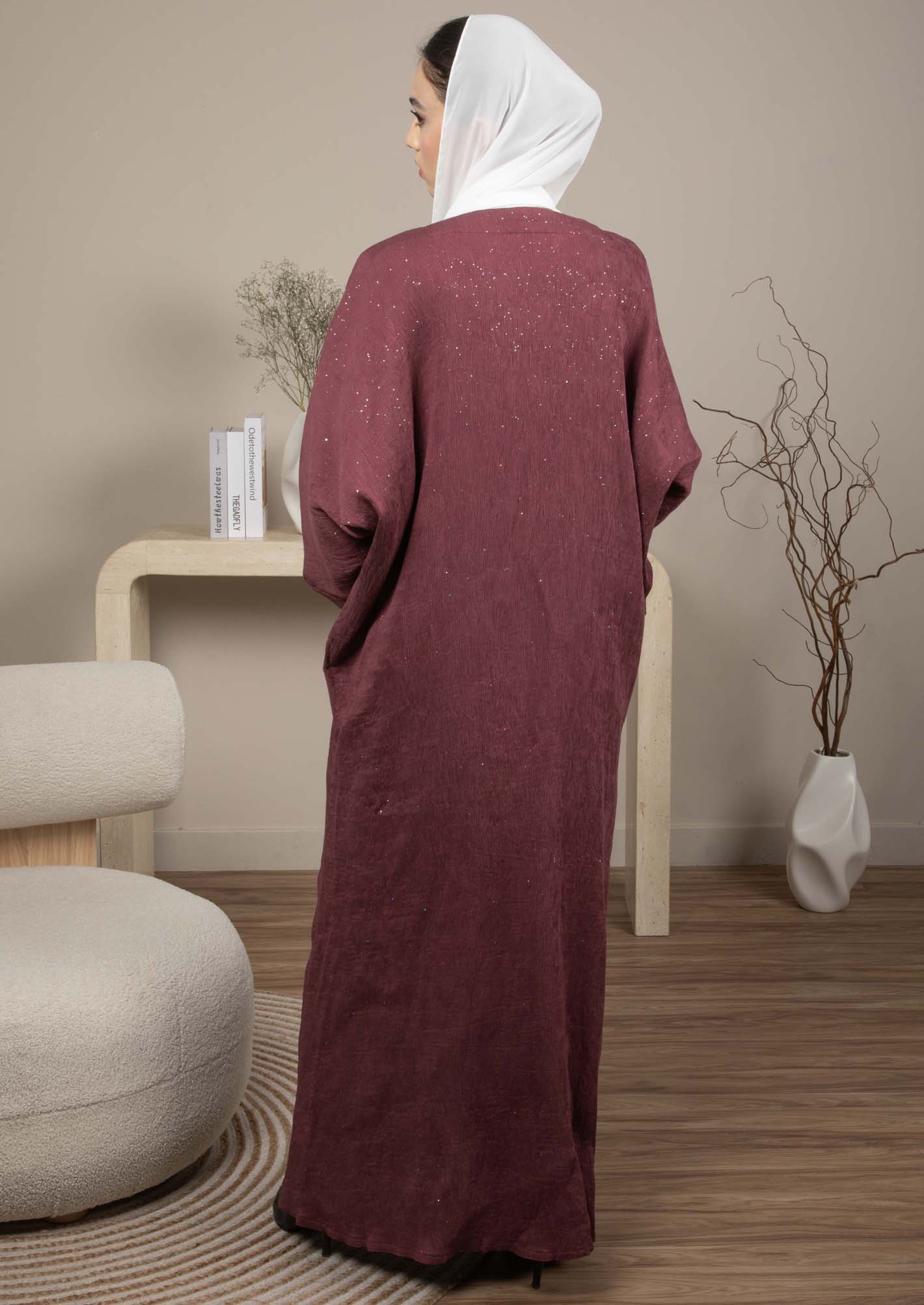 Soft Maroon Lenin Pleated Shimmer Abaya