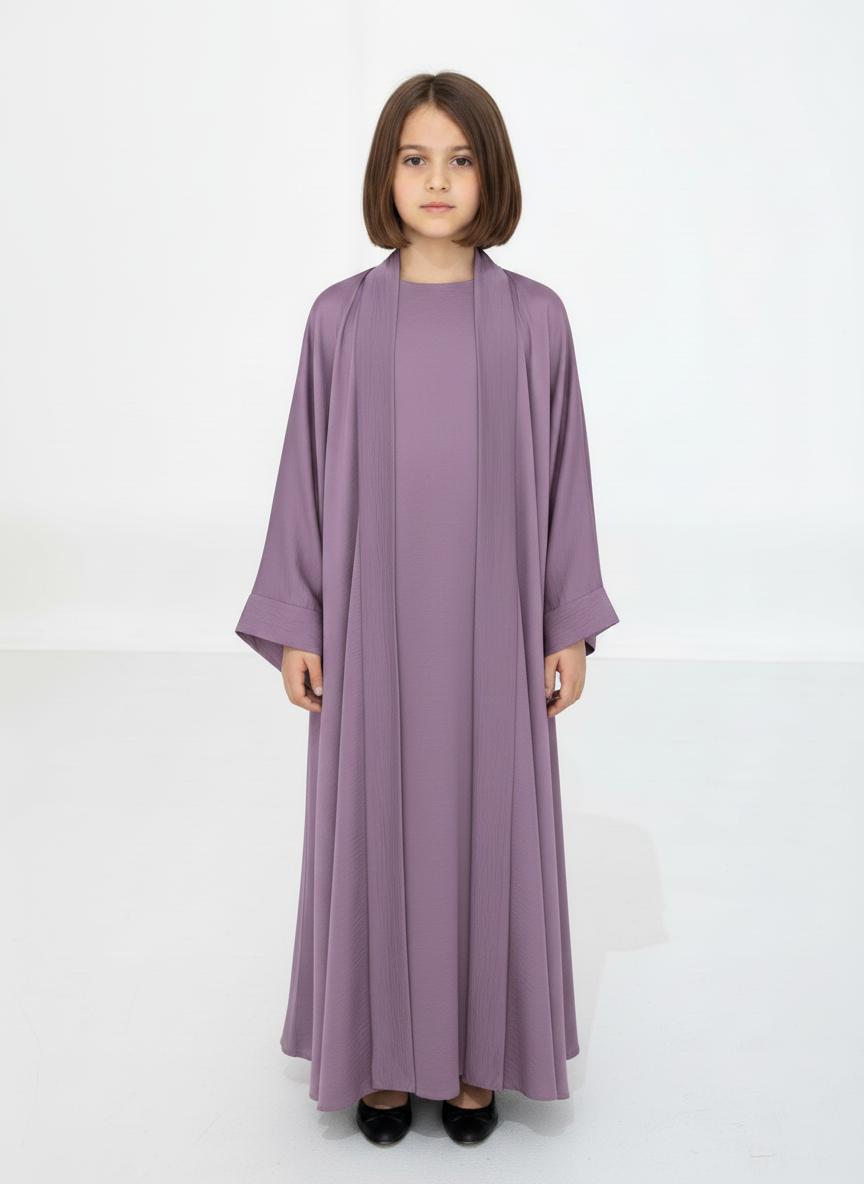 Purple Premium 3-Piece Kids Abaya Set – Lightweight Harir Maqsood Modest Wear for Girls