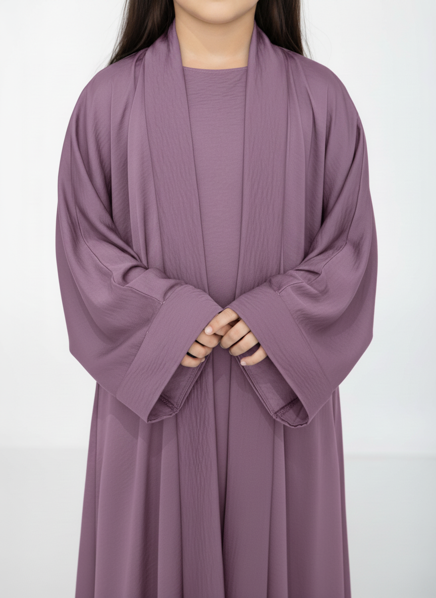 Purple Premium 3-Piece Kids Abaya Set – Lightweight Harir Maqsood Modest Wear for Girls