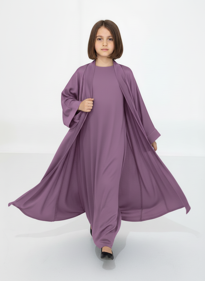 Purple Premium 3-Piece Kids Abaya Set – Lightweight Harir Maqsood Modest Wear for Girls
