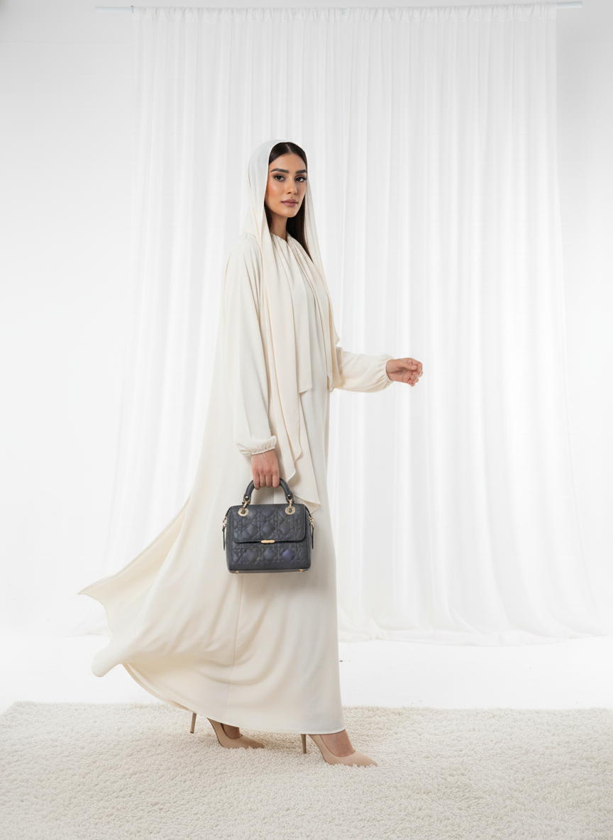 Harir Maqsood Beige Prayer Abaya – Attached Hijab Design