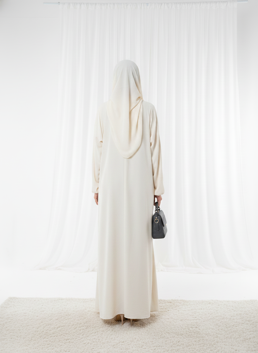 Harir Maqsood Beige Prayer Abaya – Attached Hijab Design