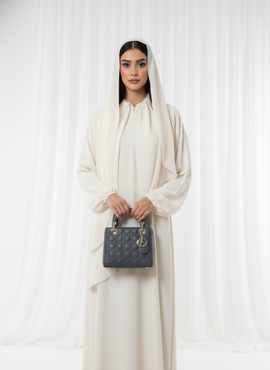 Harir Maqsood Beige Prayer Abaya – Attached Hijab Design