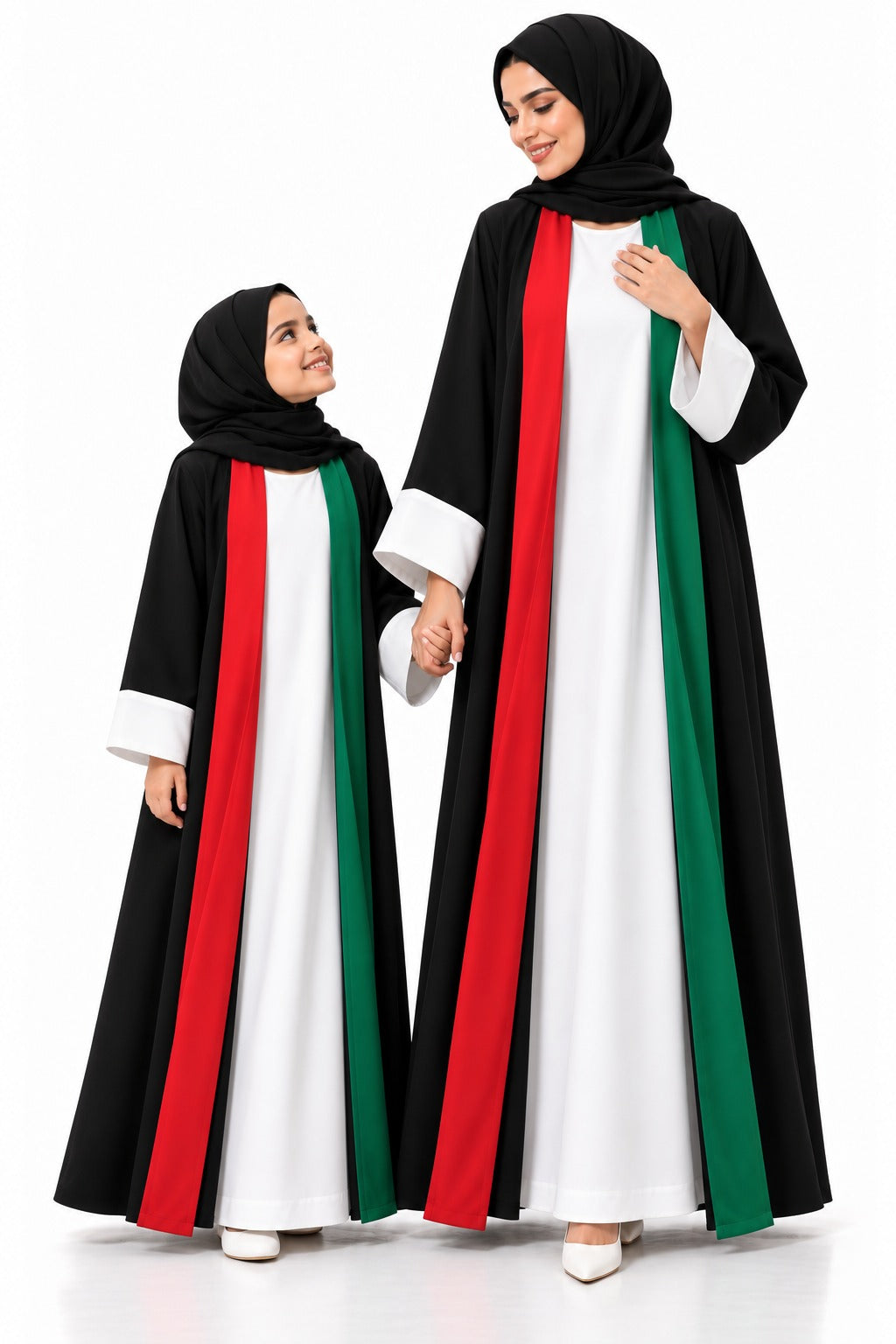 Mother and daughter in matching UAE National Day abayas holding hands