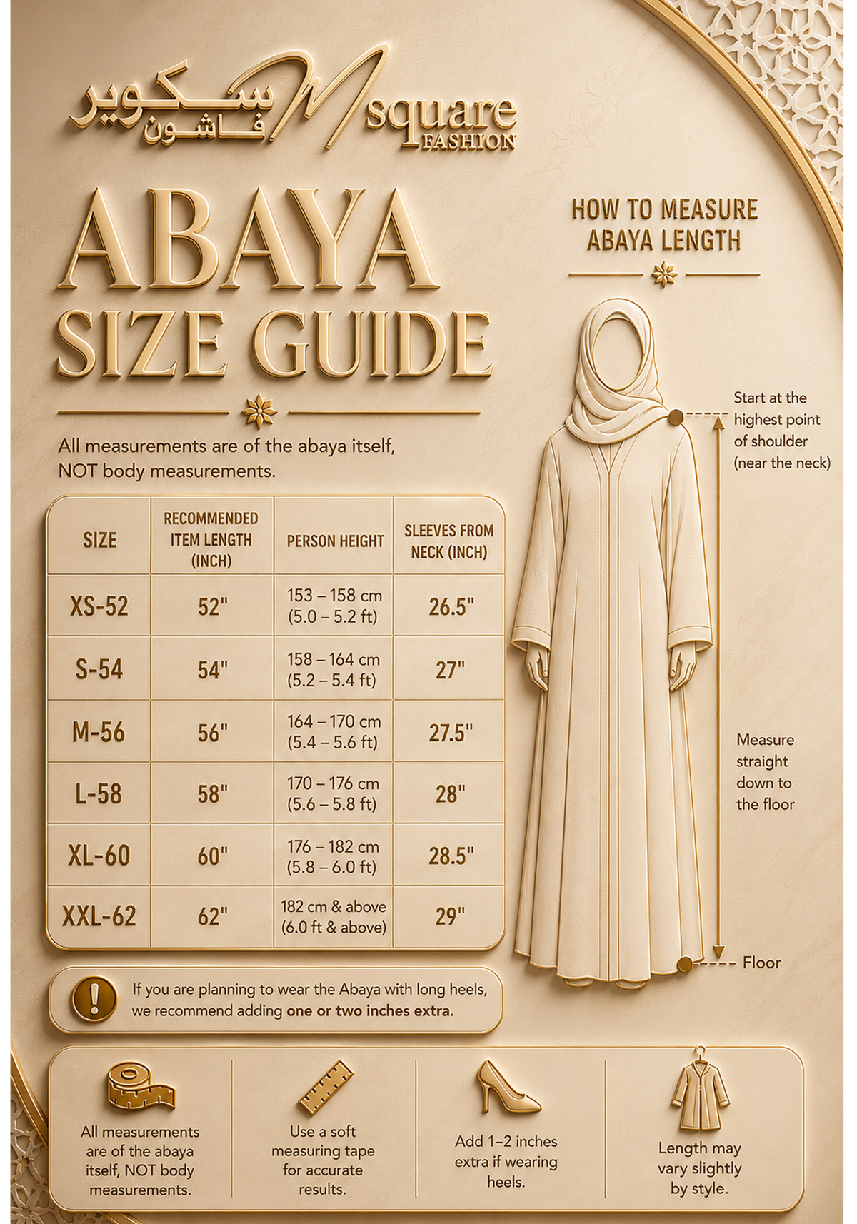 MSquare Fashion abaya size chart, lengths 52 to 62 inches