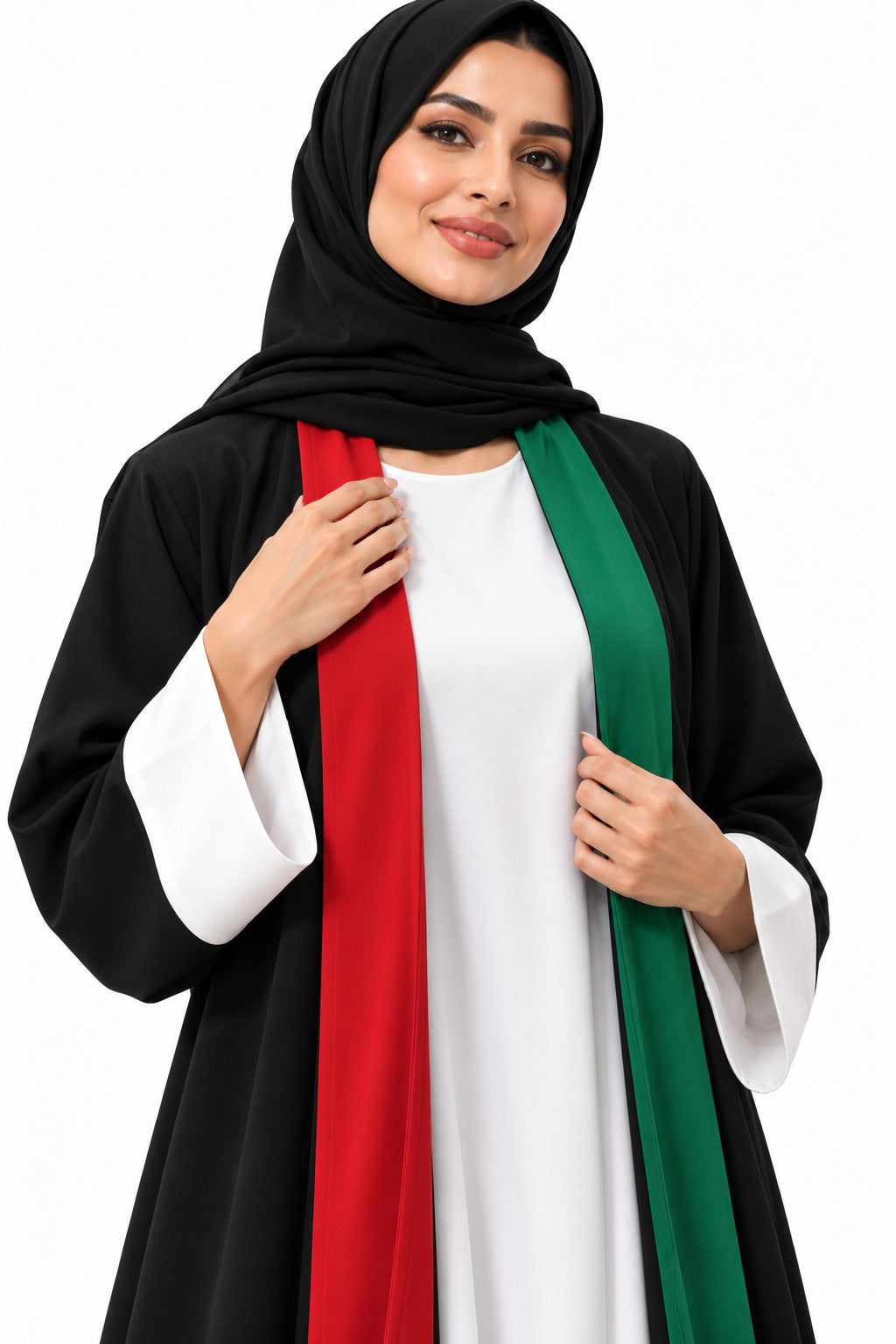 Close-up of the red and green front bands, white inner dress neckline and white cuffs on the Nida abaya