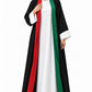 Woman in black Nida open abaya with red and green front bands, white cuffs and white inner dress, hand on heart for UAE National Day